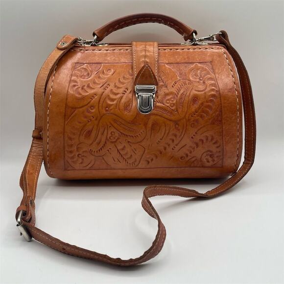 Vintage Tooled Leather Top Handle Handbag Tan Women's Purse Made In Vegas - Picture 1 of 15